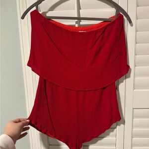 Tobi Vibrant Red Strapless Foldover Romper